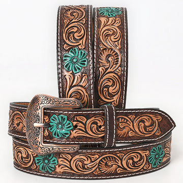 BAR H EQUINE Turquoise Flower Hand Painted Western Leather Men And Women Belt Brown